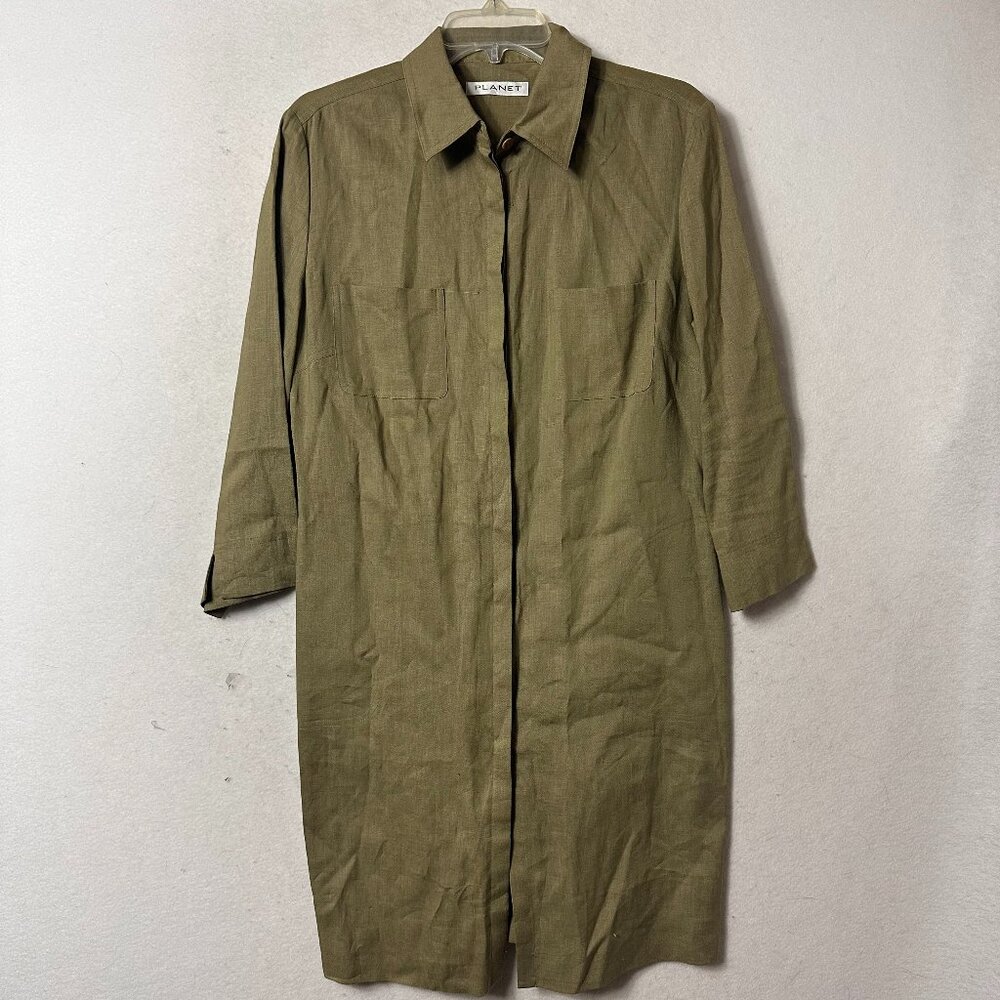 Planet‎ Womens Shirt Dress sz 12 Olive green Pockets Collar Button 100% Linen